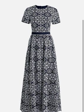 J. Crew Navy and White Lace-Effect Short Sleeve Maxi Dress